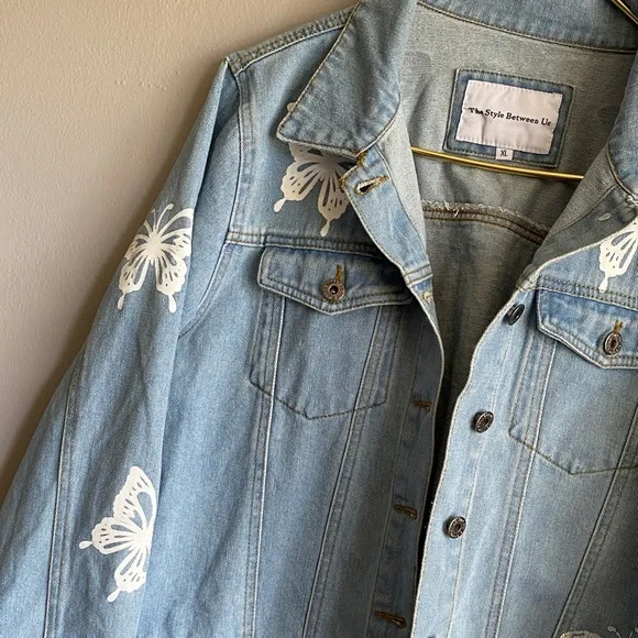 Women's Light Blue Denim Jacket with Butterfly Embroidery - Picture 2 of 11